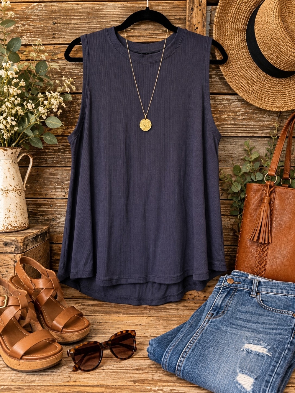 Tahari Women’s 1X Navy Ribbed Sleeveless Tunic Tank Top NWT